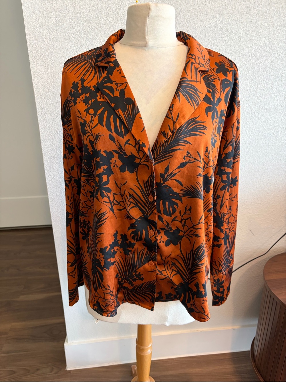 Rust Orange Floral-Print Button-Down Shirt